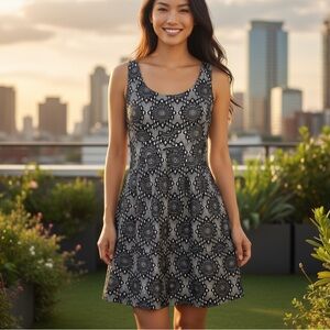 Hazel | Black and White Printed Lace Pattern Sleeveless Dress - Feminine Chic